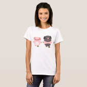 歩行の女性のTシャツのかわいい漫画のブタ Tシャツ (正面フル)