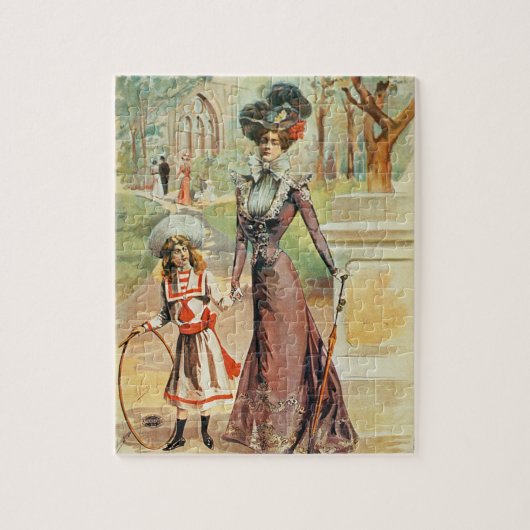 歩行(色のlitho)の母そして娘 ジグソーパズル (縦)