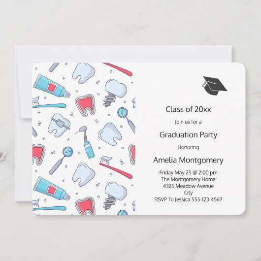 歯とツール 歯科パターン 卒業 招待状 (正面)