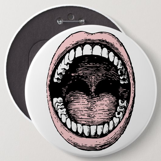 歯と舌のボタンを示す開いた口 缶バッジ (正面&裏面)