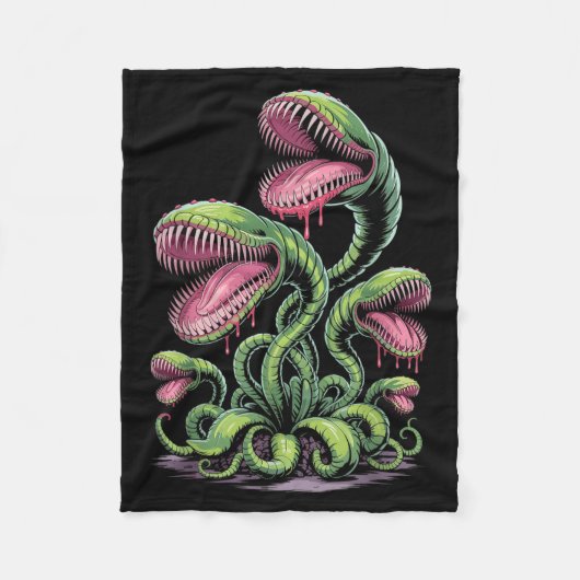 歯のある肉食植物モンスターのイラスト フリースブランケット (正面)