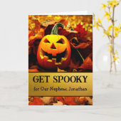 歯の不気味かぼちゃとの甥のためのハロウィーン カード (黄色い花)