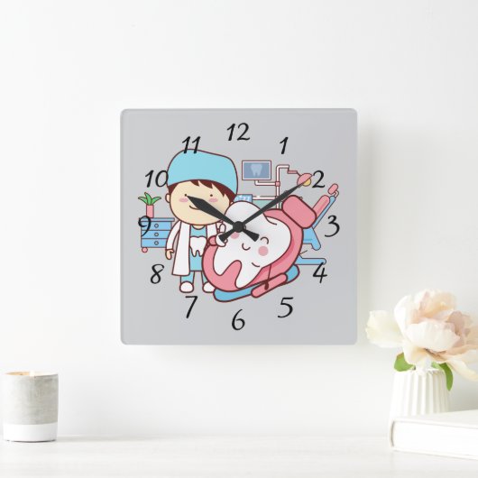 歯の大きな時計を持つアニメートされた歯科医 スクエア壁時計 (ホーム)