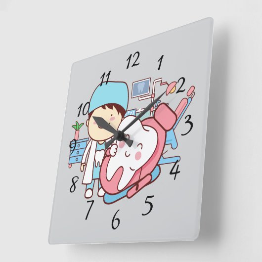 歯の大きな時計を持つアニメートされた歯科医 スクエア壁時計 (傾斜)