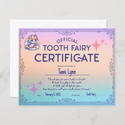 歯の失った妖精の最初の証明書 (正面/裏面)