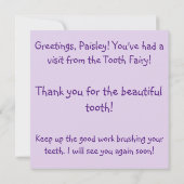 歯の妖精のかわいい大きな目の人形を初めて訪れる 案内状 (裏面)