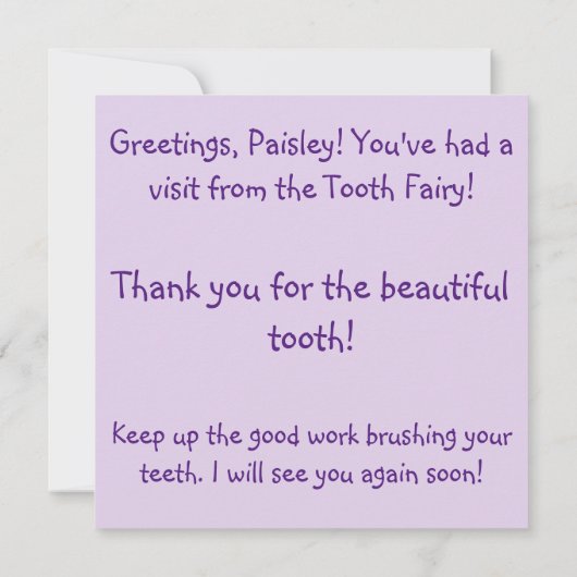 歯の妖精のかわいい大きな目の人形を初めて訪れる 案内状 (裏面)