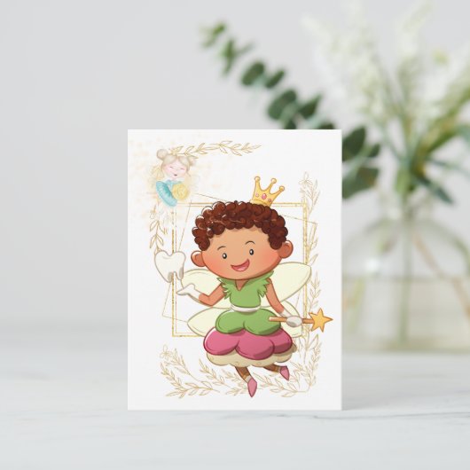 歯の妖精の文字 |男の子の王子と王女の金ゴールド ポストカード (スタンド正面)