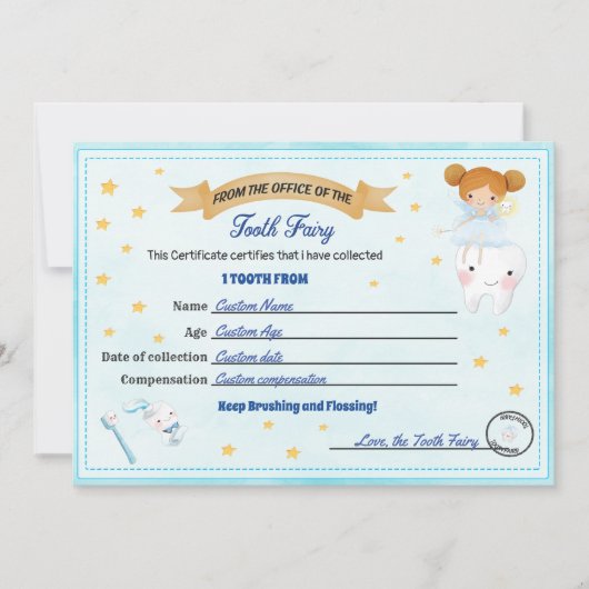 歯の妖精の証明書失った歯の受信 招待状 (正面)