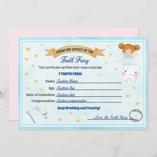 歯の妖精の証明書失った歯の受信 招待状 (正面/裏面)