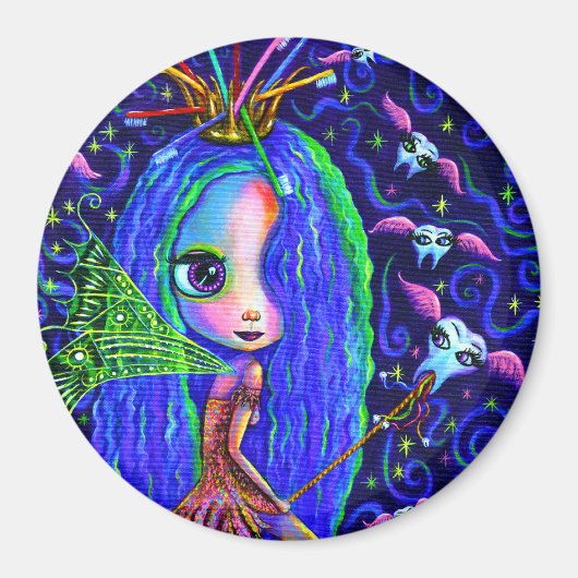 歯の妖精飛んでいる歯ブラシ歯冠の大きな目 マグネット (正面)