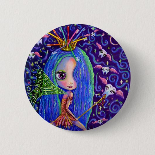 歯の妖精飛んでいる歯ブラシ歯冠の大きな目 缶バッジ (正面)