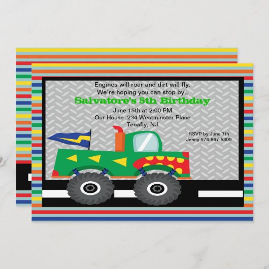 歯の誕生日の招待状が付いているモンスタートラック 招待状 (正面/裏面)