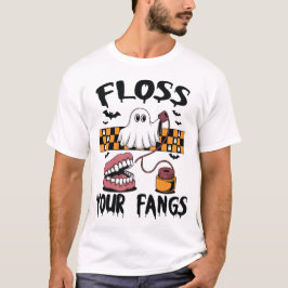 歯をフロスでケアするおもしろ幽霊のハロウィーン歯科デザイン Tシャツ