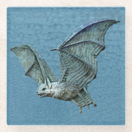 歯を不気味示す青飛んでいるこうもり白顔 ガラスコースター (正面)