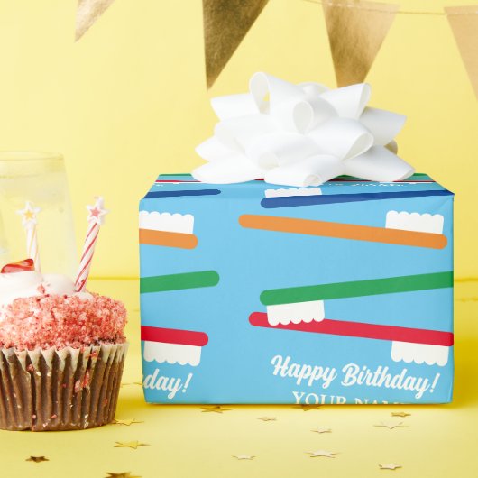 歯カラフルブラシのパタカスタムーン誕生日 ラッピングペーパー (誕生日パーティー)