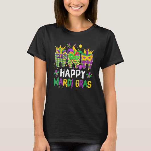 歯ジェスターマスク歯科衛生幸せマルディグラ Tシャツ (正面)