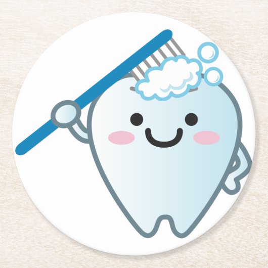 歯ブラシでかわいい漫画の歯ブラッシング ラウンドペーパーコースター (正面)