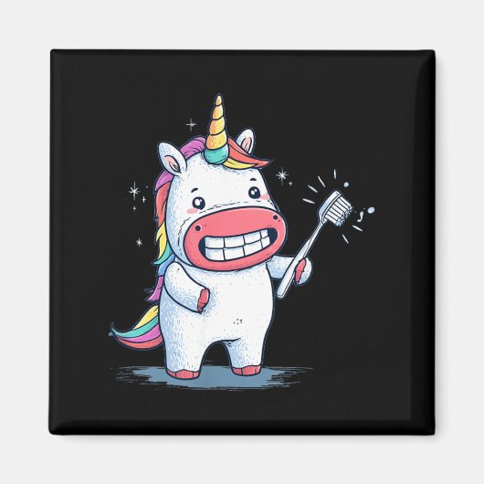歯ブラシのグラフィックが可愛い歯のケアユニコーン マグネット (正面)