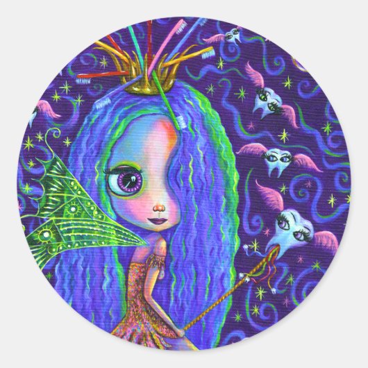 歯ブラシの冠と翼のある歯の妖精 ラウンドシール (正面)