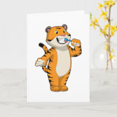 歯ブラシを持った虎 カード (黄色い花)