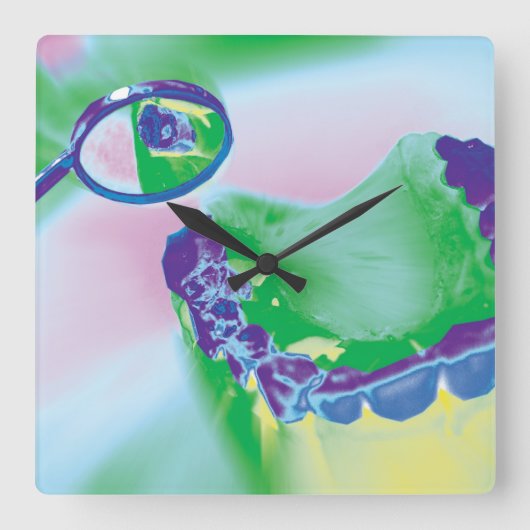 歯モデル鏡の検討の歯科医の柱時計 スクエア壁時計 (正面)