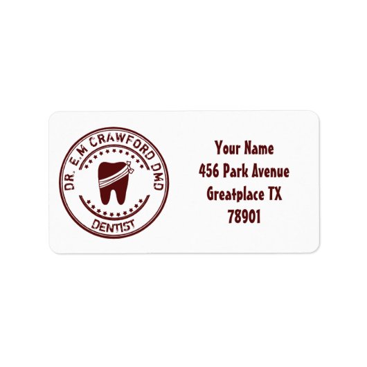 歯付き歯医者のゴム印とあなたの名前 ラベル (正面)