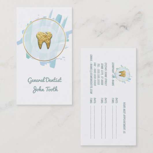 歯医モダン者金ゴールド歯のロゴ名刺 予約カード (正面/裏面)