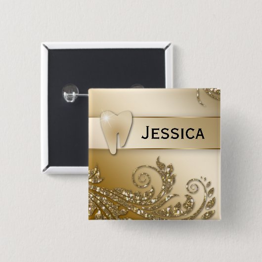 歯医者の名前タグ金ゴールドグリッター歯離れ 缶バッジ (正面&裏面)