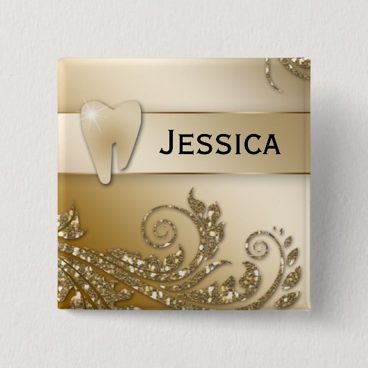 歯医者の名前タグ金ゴールドグリッター歯離れ 缶バッジ (正面)