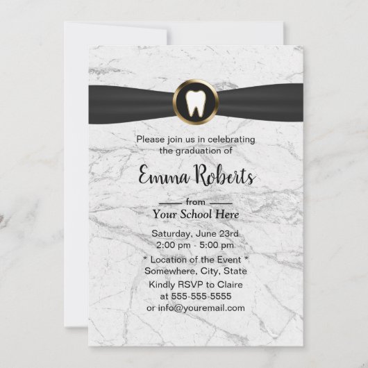 歯医者の歯科学校の卒業白大理石 招待状 (正面)