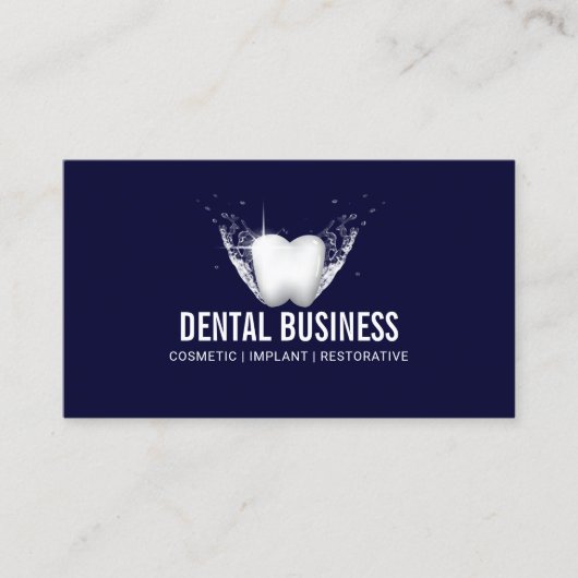 歯医者の白い歯ネイビーブルーのデンタルケア写真 名刺 (正面)
