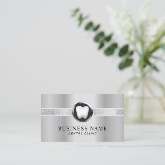 歯医者モダンシルバーメタルラグジュアリー歯科医院 名刺 (スタンド正面)