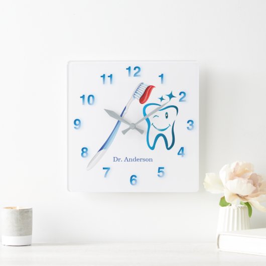 歯医者用モノグラムカイト歯ブラシ幸福歯 スクエア壁時計 (ホーム)