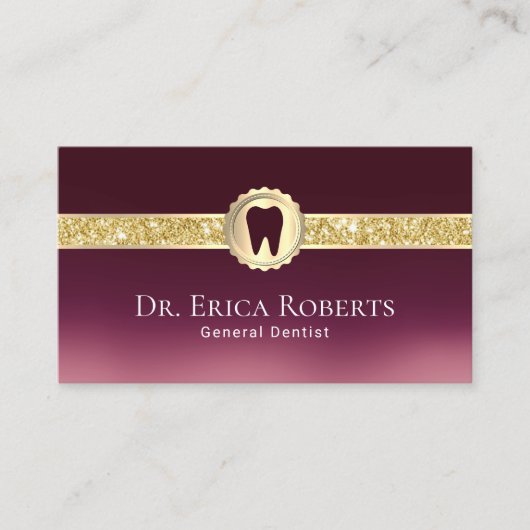 歯医者金ゴールドバッモダンジバーガンディレッドデンタルケア 名刺 (正面)