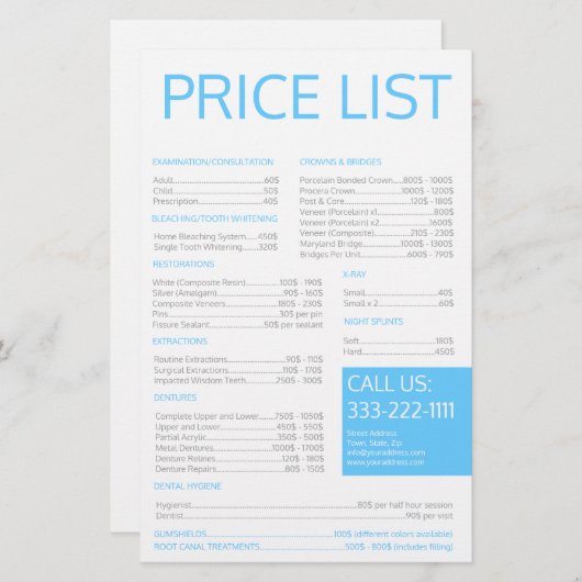 歯科の実習歯科医シンプルの価格表 便箋 (正面/裏面)