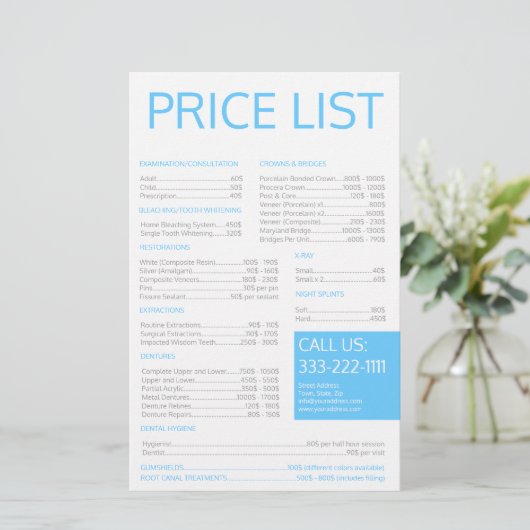 歯科の実習歯科医シンプルの価格表 便箋 (スタンド正面)