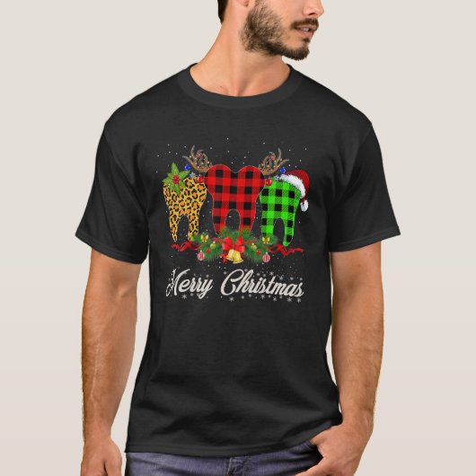 歯科医おもしろいChristmas Leopard Plaid Tooths Denta Tシャツ (正面)