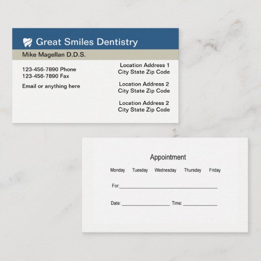 歯科医のオフィスの数々のな位置のアポイントメント 予約カード (正面/裏面)