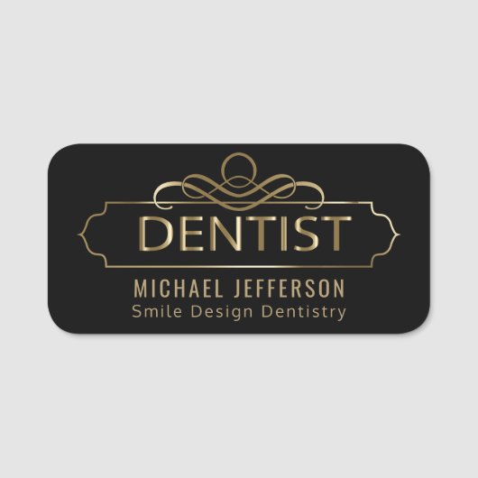 歯科医のオフィス-華美な黒および金ゴールド 名札 (正面)