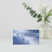 歯科医の名刺の青い輝きの葉の歯のロゴ 名刺 (スタンド正面)