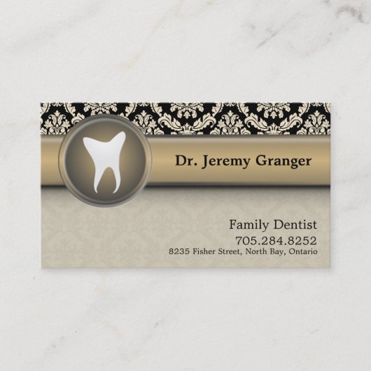 歯科医の名刺-歯のヴィンテージのベージュ色及び金ゴールド 名刺 (正面)