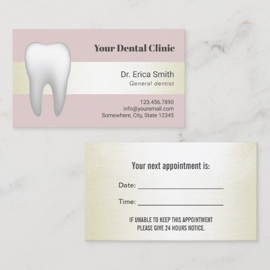 歯科医の赤面のピンク及びアイボリーの歯科アポイントメント 予約カード (正面/裏面)