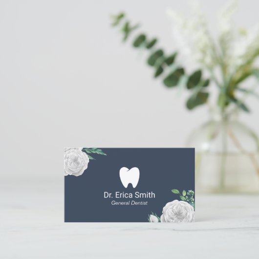 歯科医エレガント白フローラデンタルケアネイビーブルー 名刺 (スタンド正面)