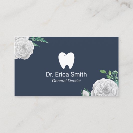 歯科医エレガント白フローラデンタルケアネイビーブルー 名刺 (正面)