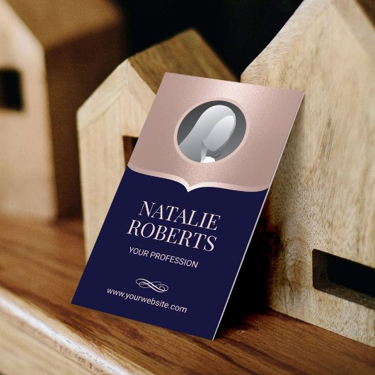 歯科医ネイビー&バラ金ゴールド写真歯科医院 名刺