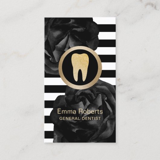 歯科医モダン者ストライプブラックフローラデンタルケア 名刺 (正面)