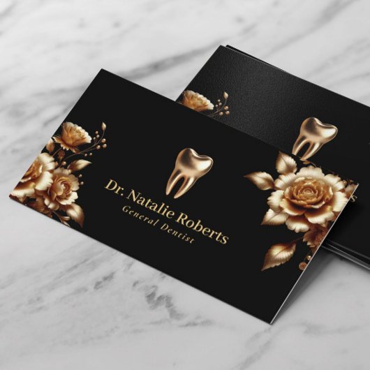 歯科医モダン金ゴールドフローラブラックデンタルケア 名刺