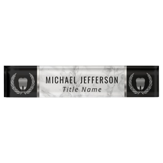歯科医院-灰色の大理石、黒及び銀 デスクネームプレート (正面)