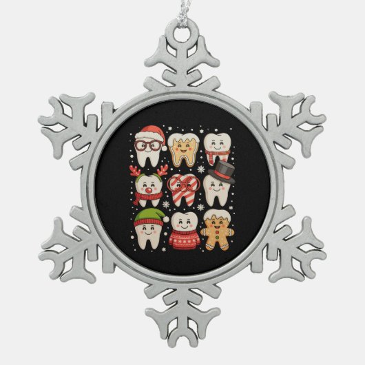 歯科用クリスマスキュートな歯の歯医者サンタハットクリスマス スノーフレークピューターオーナメント (正面)